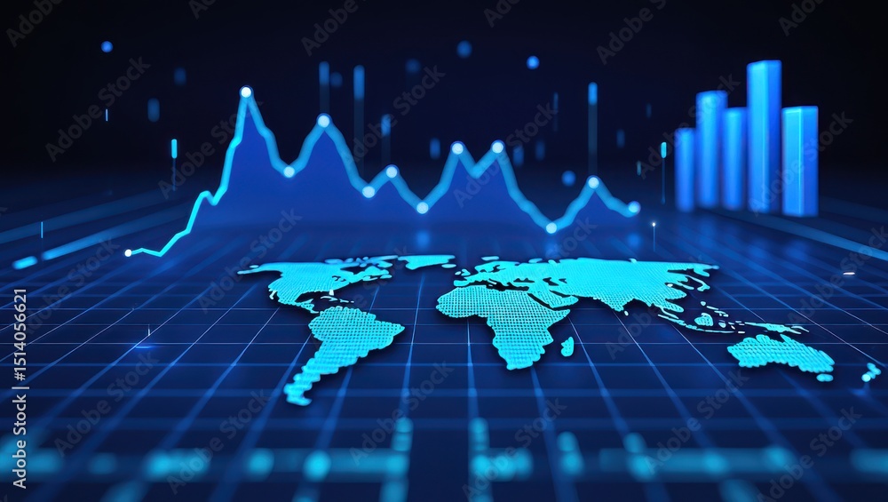Poster dynamic graphical representation showcases global data trends using blue tones. charts rise and fall