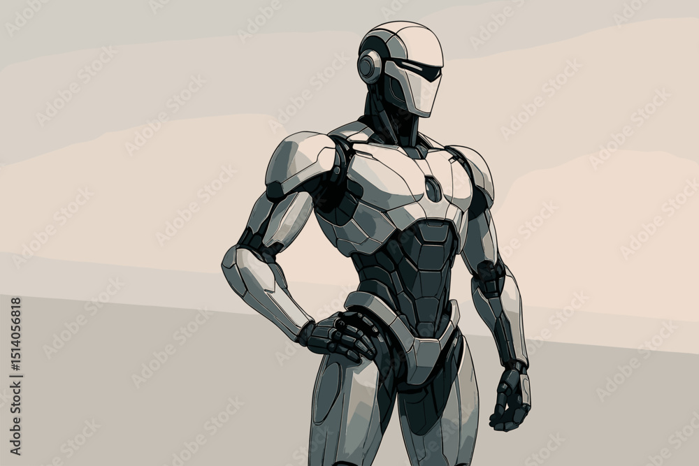 Poster futuristic humanoid robot, advanced ai android character. sleek metallic cyborg design. sci-fi techn