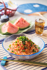 【豚キムチそうめん】しっかり冷やした素麺を豚キムチと楽しむアレンジ素麺です。