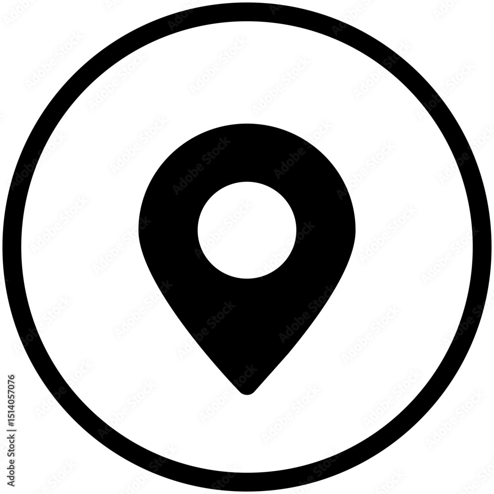 Poster black location pin icon centered within a white circle with a thin black border around the perimeter