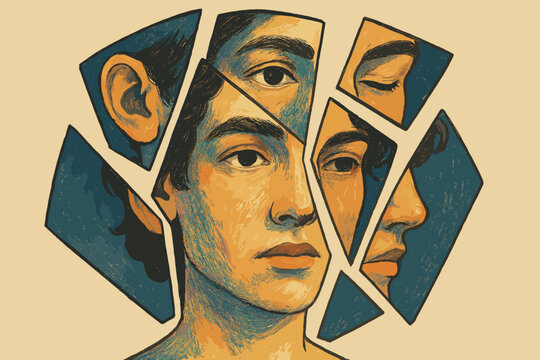 Faces of Identity. Fragmented self concept. Shattered portrait illustration. Psychology, mental health. Young person's inner conflict, self-perception. Broken personality. Multiple perspectives.