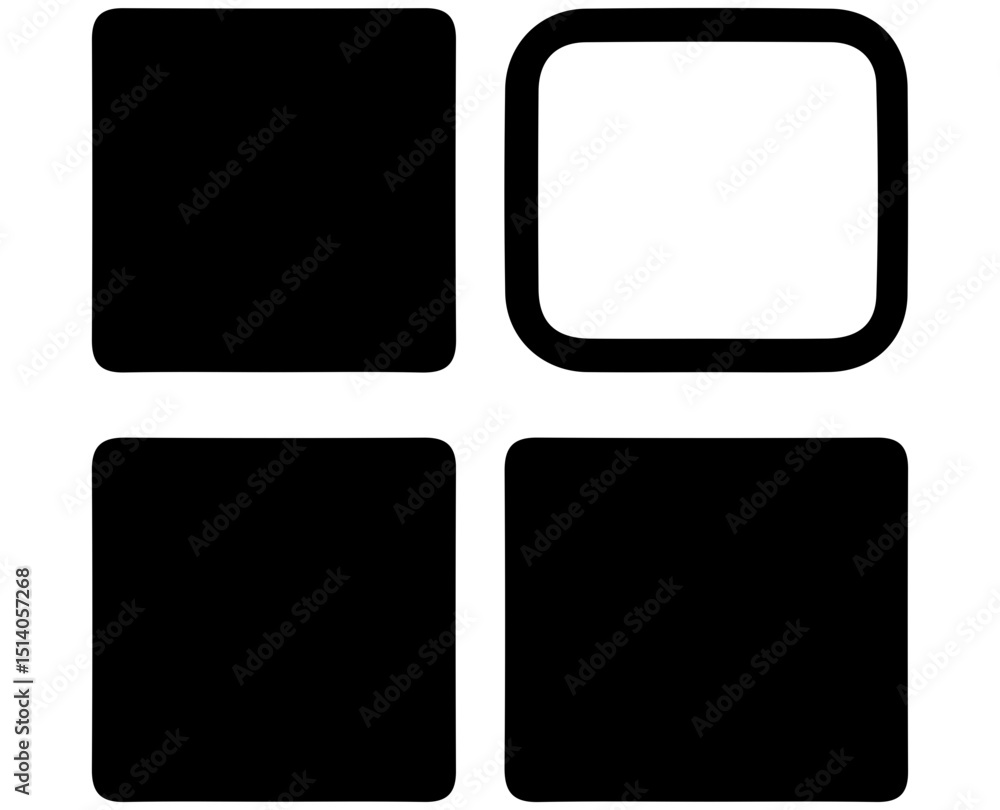 Poster illustration of a grid layout with three filled squares and one outlined square in black and white c
