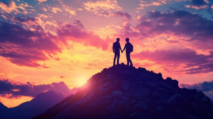 Fototapeta premium A silhouette of a couple holding hands on a hill at sunrise