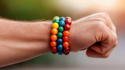 A striking wrist adorned with colorful beads embodies vibrance and creativity, showcasing individuality and expression through unique jewelry designs in a close-up view.