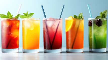 Fototapeta premium A vibrant display of six refreshing drinks, each featuring distinct colors and garnishes like mint leaves, perfect for summer gatherings or parties.