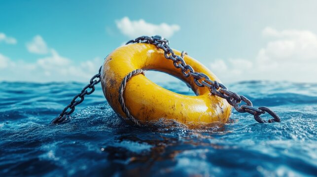 A bright yellow lifebuoy floats serenely on the water's surface, symbolizing safety and rescue in open waters, under a clear blue sky and gentle waves.