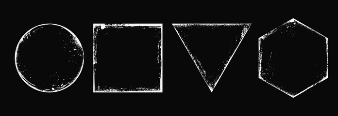 Set of grunge geometric frames in circle, square, triangle, and hexagon shapes. Distressed textured borders on black background. Ideal for vintage, retro, or edgy design projects.