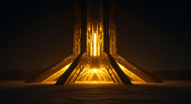 An imposing futuristic structure radiates a powerful golden glow, representing advanced technological progress and a mysterious, awe-inspiring presence.