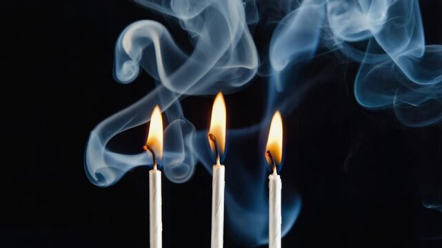 Three Burning Candles with Delicate Smoke on Dark Background