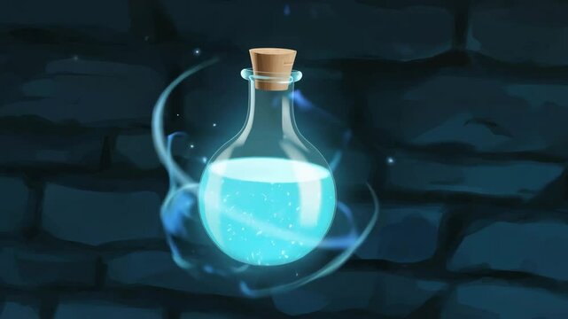 Glowing Magic Potion Bottle Animation on Brick Wall Background