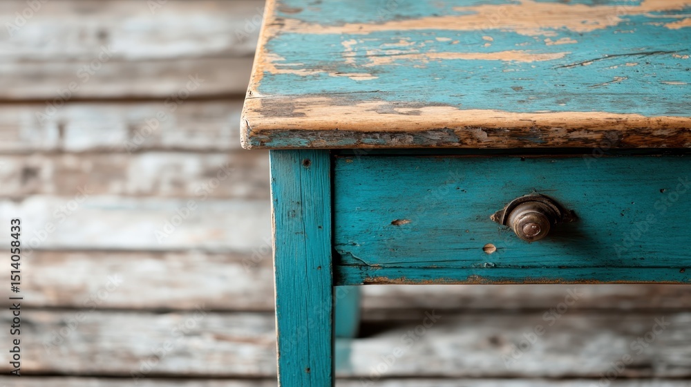 Poster a close-up of a rustic blue table showcasing unique distressed patterns, highlighted by textures tha