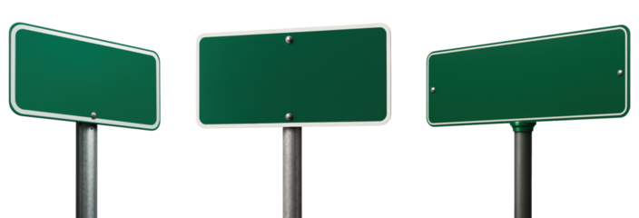 Blank Green Road Signs on Metal Posts, Ready for Customization and Directional Information, Isolated on Transparent and White Background