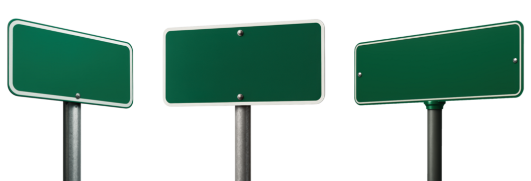 Blank Green Road Signs on Metal Posts, Ready for Customization and Directional Information, Isolated on Transparent and White Background - Powered by Adobe