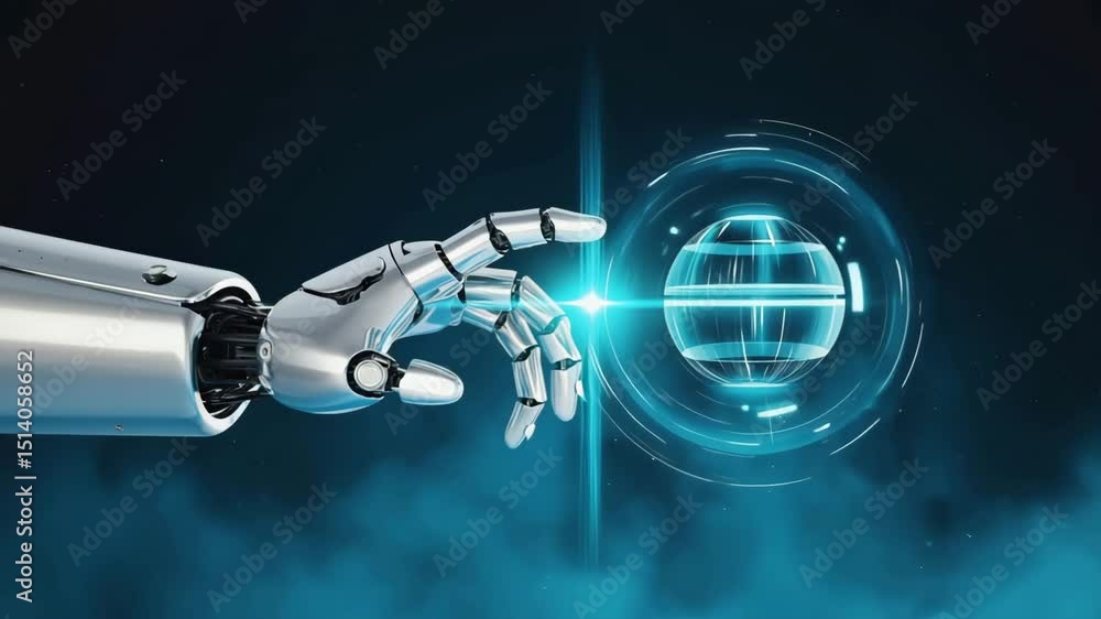 Poster robotic arm interacting with digital globe tech concept