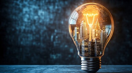 Glowing light bulb with a cityscape inside it symbolizing urban innovation and energy