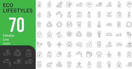 Collection Of Modern Editable Thin Line Style Ecology Lifestyle Icons Set Related CO2 Neutral, Zero Waste, Use Bike, Green Energy And Global Warming Vector Illustration On An Isolated Background