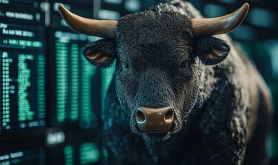 Bull market. Bull in suit with green charts on monitors in Wall Street office, growth uptrend in trading. Generative AI
