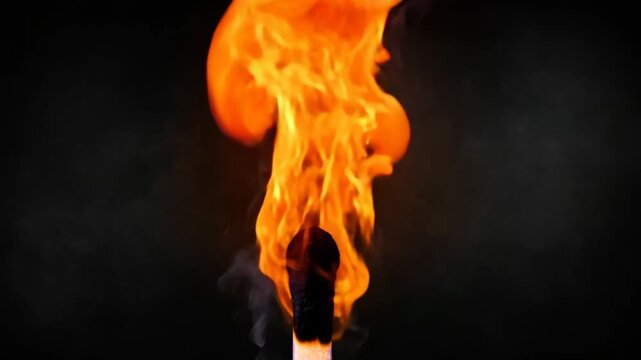 Burning Matchstick Flame Ignites on Dark Background