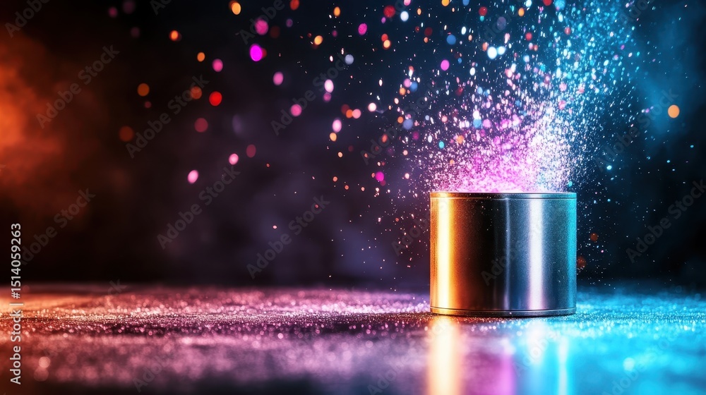 Poster a striking image of a metallic canister bursting with colorful sparks and glittering particles, crea