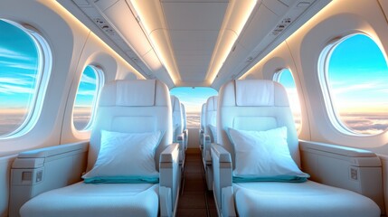 Fototapeta premium A modern airplane interior showcasing stylish seating, bright windows, and a serene view of the sky, perfect for travelers seeking comfort and relaxation.