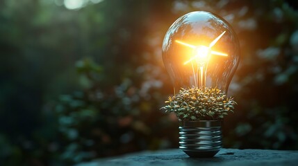 Glowing light bulb with a wind turbine inside it symbolizing renewable energy and sustainability