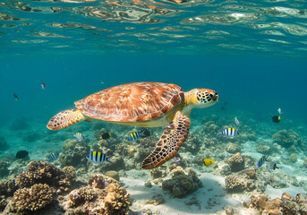a large sea turtle swimming over a colorful coral reef, underwater scene, vibrant colors, crystal clear water, detailed texture, cinematic lighting, highly detailed
