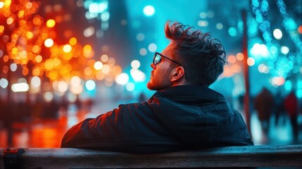 A thoughtful man wearing glasses gazes into the urban night, illuminated by colorful lights, reflecting a moment of contemplation amidst the lively city atmosphere.