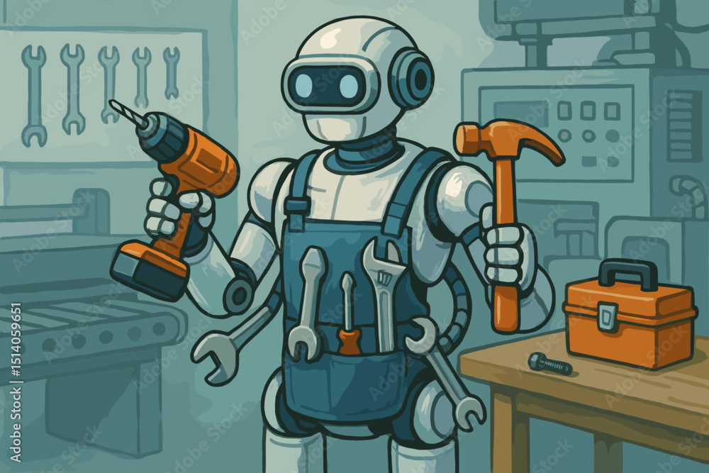 Poster robotic handyman character in workshop holding drill and hammer. ai powered android with tools for r