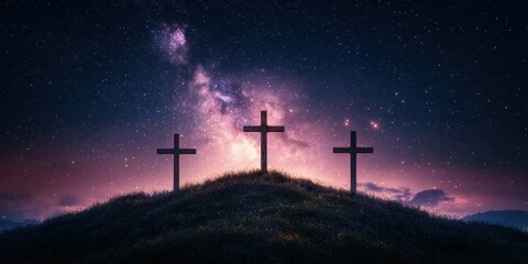 Three crosses stand on a hill under a starry sky with vibrant colors at dusk