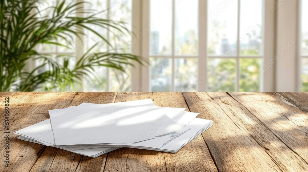 Poster a stack of blank paper sheets sits elegantly on a rustic wooden table illuminated by natural light i