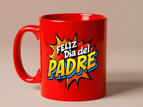 Vibrant red mug with feliz dia del padre text ideal for celebrating father's day in spanish and showing appreciation.