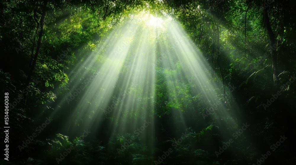 Poster dramatic rays of sunlight break through a dense forest canopy, illuminating the rich greenery below 