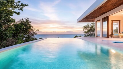 Obraz premium An infinity pool seamlessly blends into the ocean view at sunset, creating an enchanting atmosphere that juxtaposes luxury, serenity, and the beauty of nature's palette.