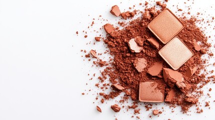 Fototapeta premium This image exhibits a makeup palette featuring crushed blush and eyeshadow in soft tones, ideal for illustrating beauty products and their possibilities in cosmetics.
