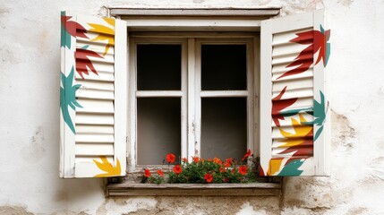 Fototapeta premium A beautiful window adorned with colorful painted shutters and vibrant red flower blooms, creating an inviting and charming element for any rustic or quaint home setting.