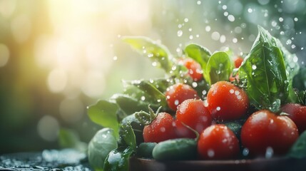 A bowl of tomatoes and green leaves with raindrops on them