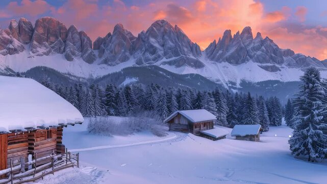 Winter wonderland scene with snow-covered cabins nestled beneath towering, snow-capped mountains at dusk, bathed in soft, warm light.