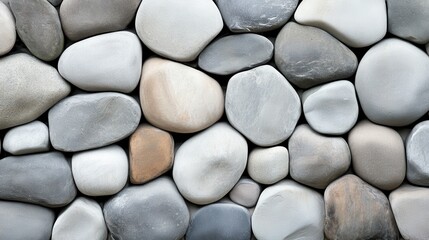 A beautiful arrangement of polished pebbles creates a soothing visual texture, inspiring feelings of calmness and connection to nature with its organic feel and earthy tones.