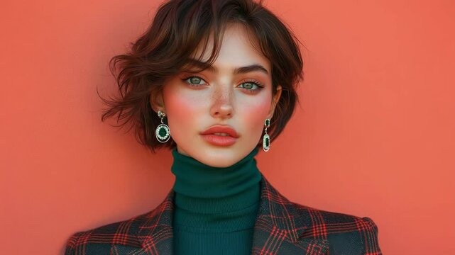 Portrait of Stylish Young Woman with Blazer on Orange Backdrop