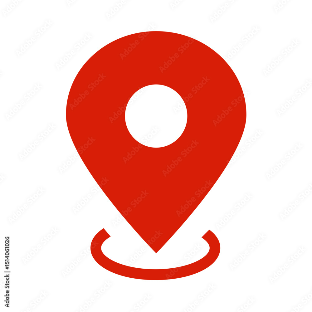 Poster illustration of a red location pin with a white circle inside and a curved line at the bottom end