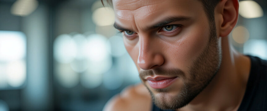 closeup face of a young handsome man looking at down with copy space 