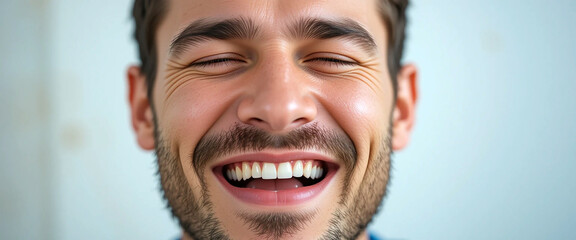 portrait front closeup photo of a handsome man's face  laughing with happy expressions in his face in white background 