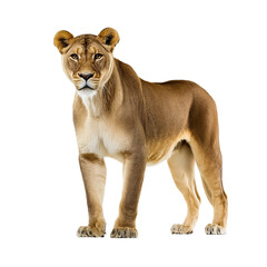 Obraz premium Majestic lioness with a captivating gaze stands in full view, radiating strength and confidence. Its tawny fur and focused eyes draw the viewer into a moment of pure wildness.