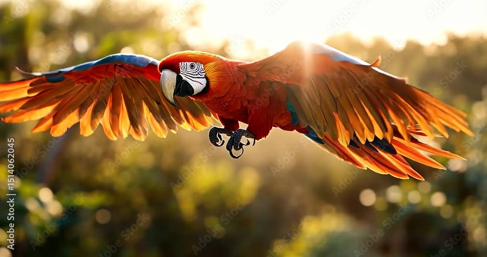 Poster an avian portrait of a parrot in mid-flight with open wings against blurred background. the bird fea
