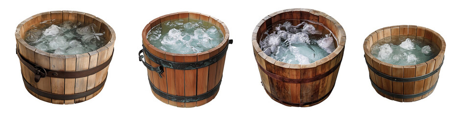 Fototapeta premium Set of various Wooden bucket filled with water and ice isolated on transparent background