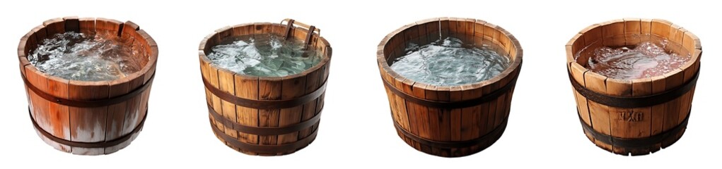 Fototapeta premium Set of various Wooden bucket filled with water isolated on transparent background