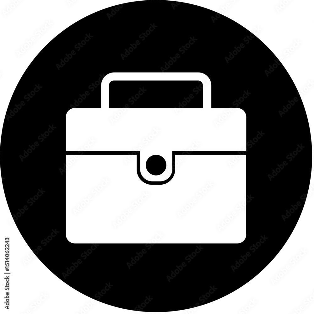 Poster illustration of a simple white briefcase with a handle inside of a black circle background design