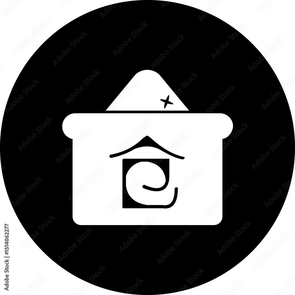 Poster stylized white house icon with a unique symbol on a black circular background in a simple design