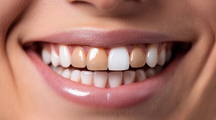 Happy woman laughing confidently after successful whitening treatment modern dental spa luxury aesthetics cosmetic dentist holding shade guide match tooth color high tech approach to smile enhancement