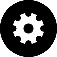 A black circle containing a white gear with rounded teeth and a central circular opening inside it